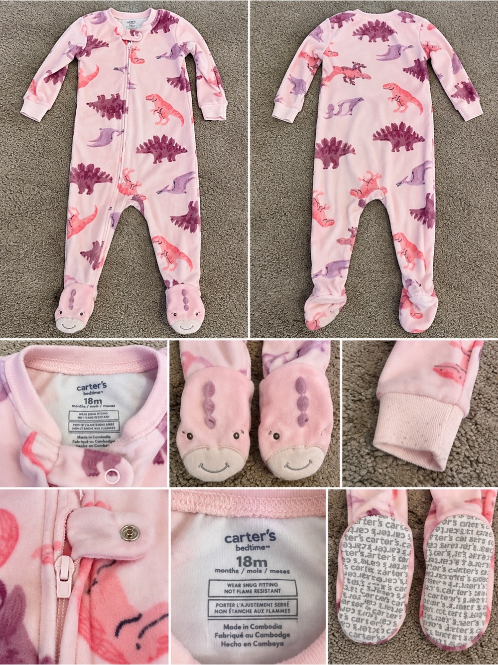 Carter's Pink Dinosaur Footed One-Piece Pajama